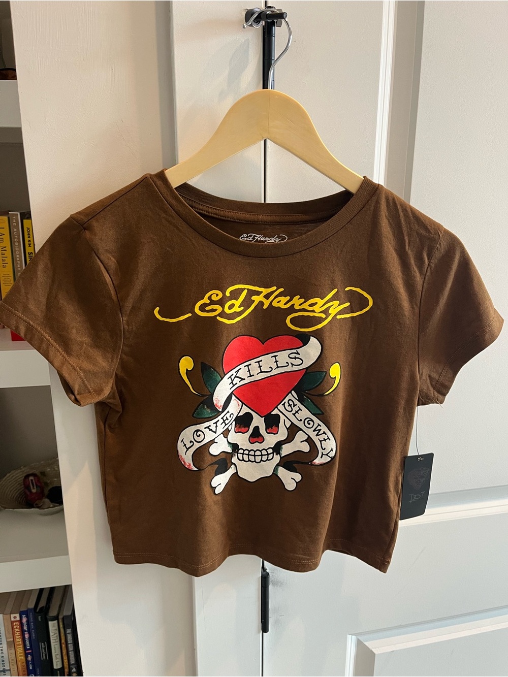 Ed Hardy Y2K Love Kills Slowly Skull Crop Top Size Large Brown Tattoo Goth (NWT)